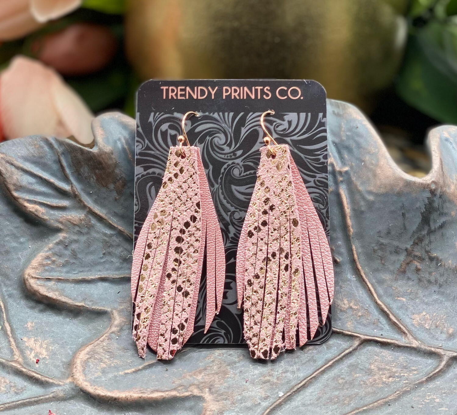 PINK WITH GOLD ACCENTS  FRINGE LEATHER EARRINGS