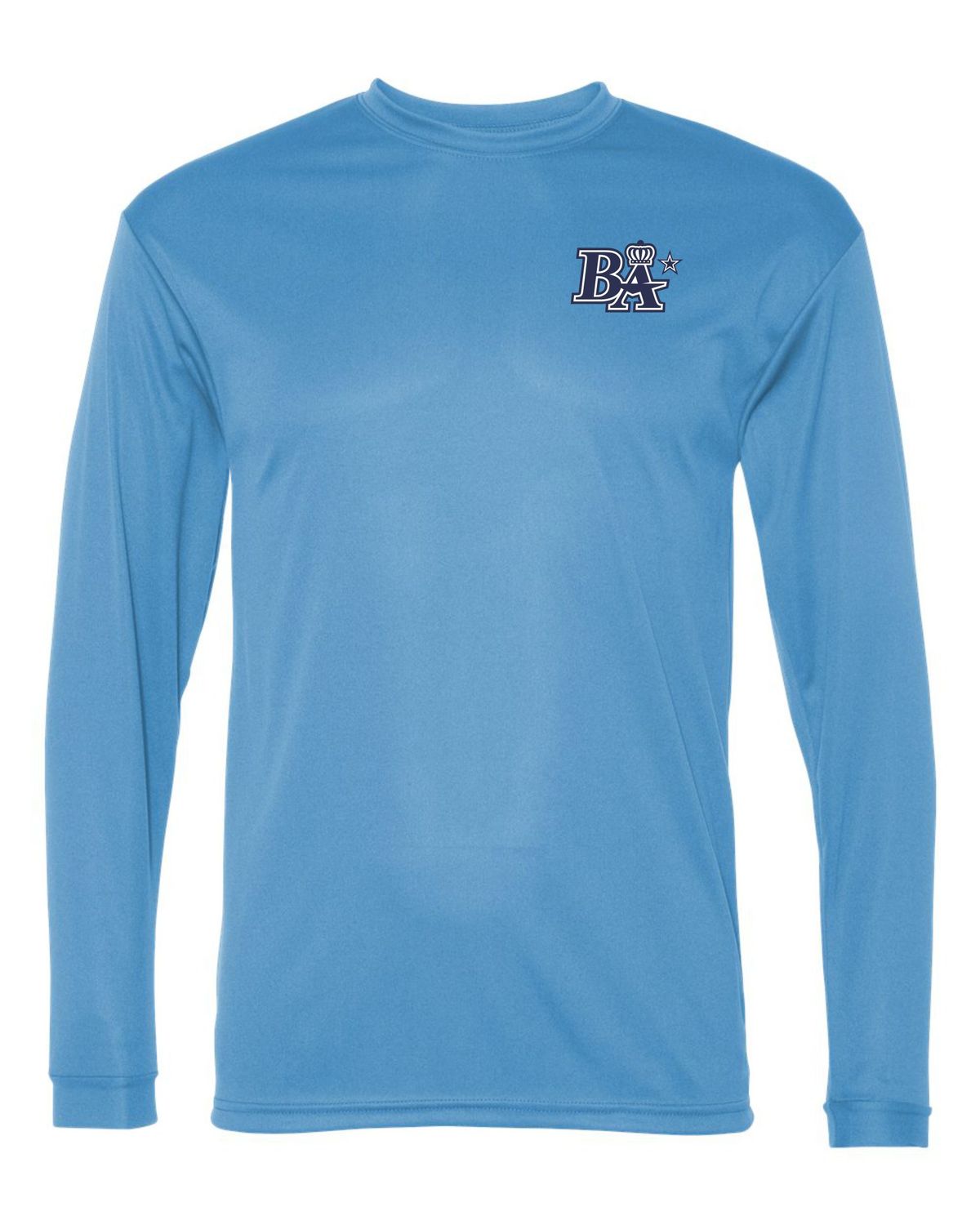 BLUE ARMY PERFORMANCE LONG SLEEVE SHIRT, DESIGN: BA LOGO-LEFT CHEST- PRINT, COLOR: CAROLINA BLUE