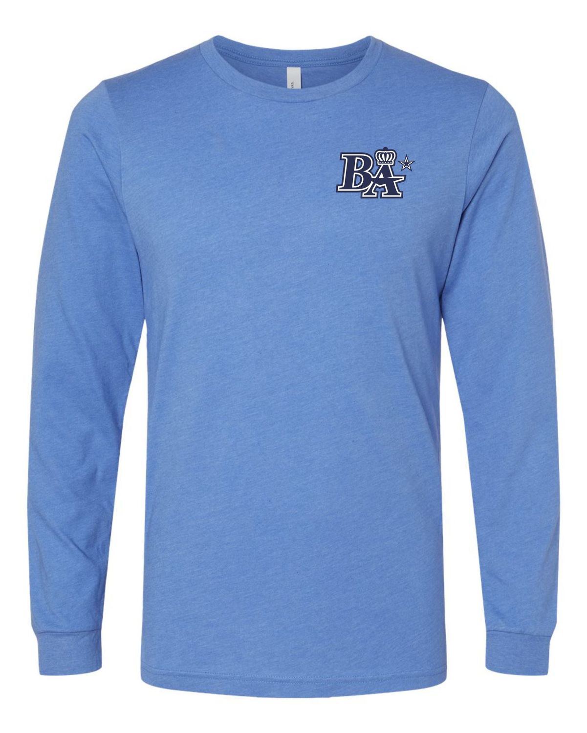 BLUE ARMY LONG SLEEVE T-SHIRT, DESIGN: BA LOGO-LEFT CHEST- PRINT, COLOR: CAROLINA BLUE