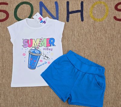 Summer Mood T-Shirt &amp; Blue Shorts Set for Girls
