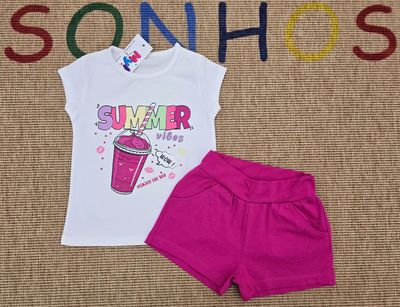 Summer Mood T-Shirt &amp; Pink Shorts Set for Girls