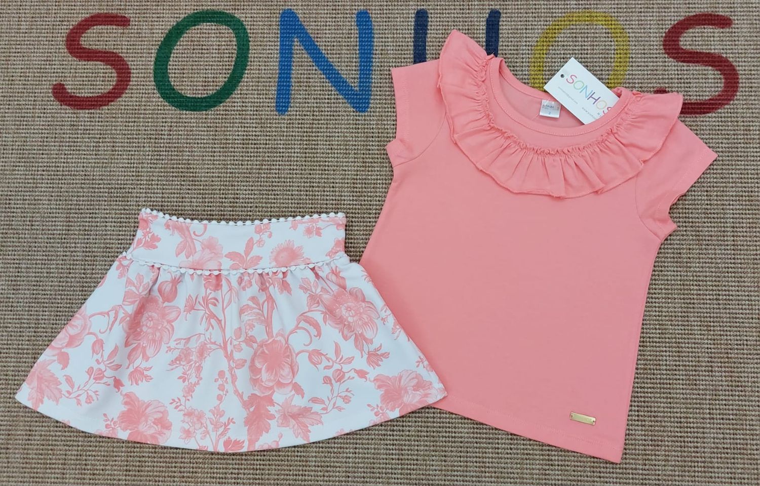 Coral Pink Top &amp; Floral Skirt Set for Girls