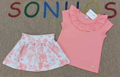 Coral Pink Top &amp; Floral Skirt Set for Girls