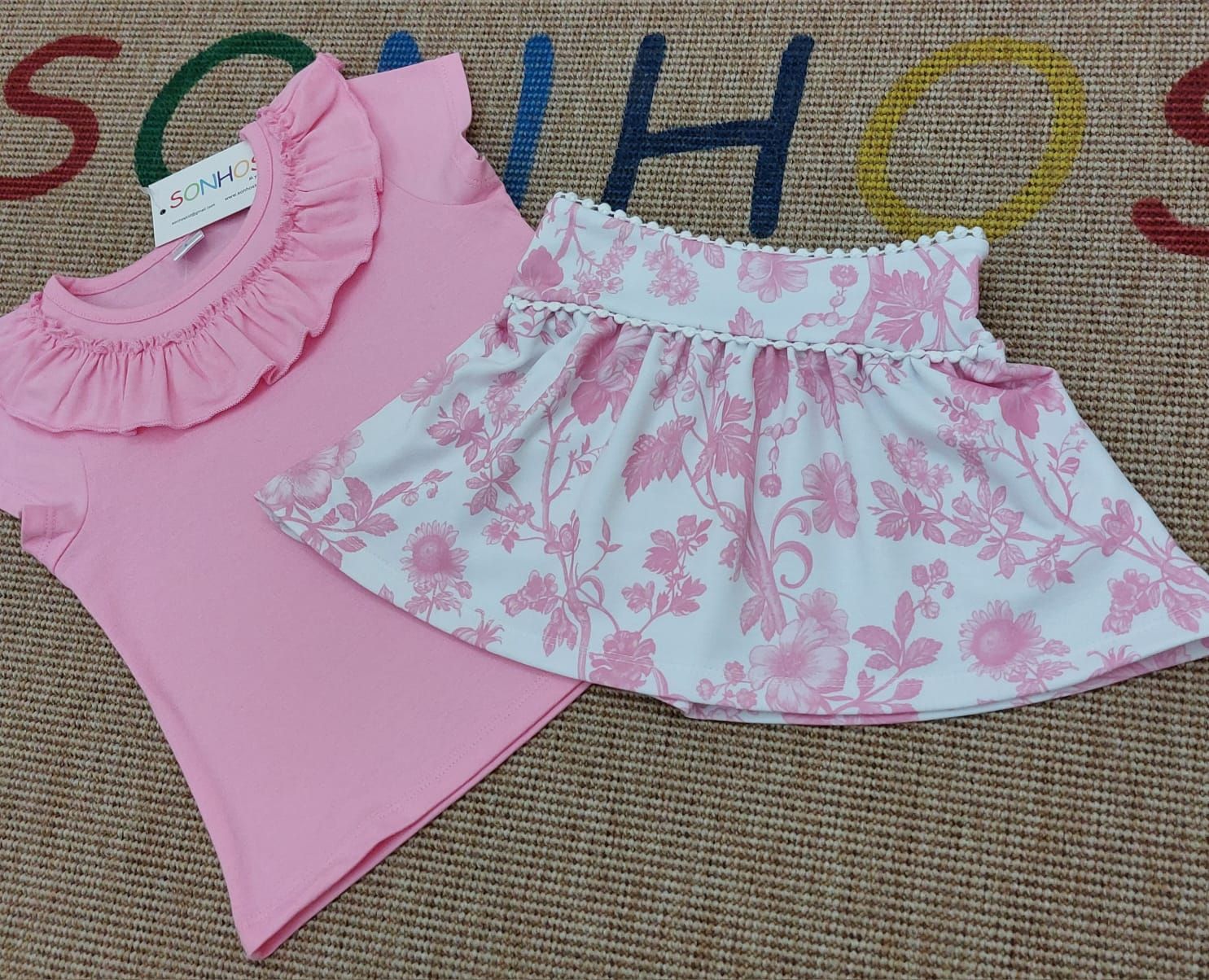 Soft Pink Top &amp; Floral Skirt Set for Girls