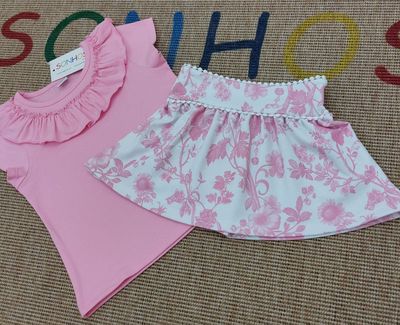 Soft Pink Top &amp; Floral Skirt Set for Girls