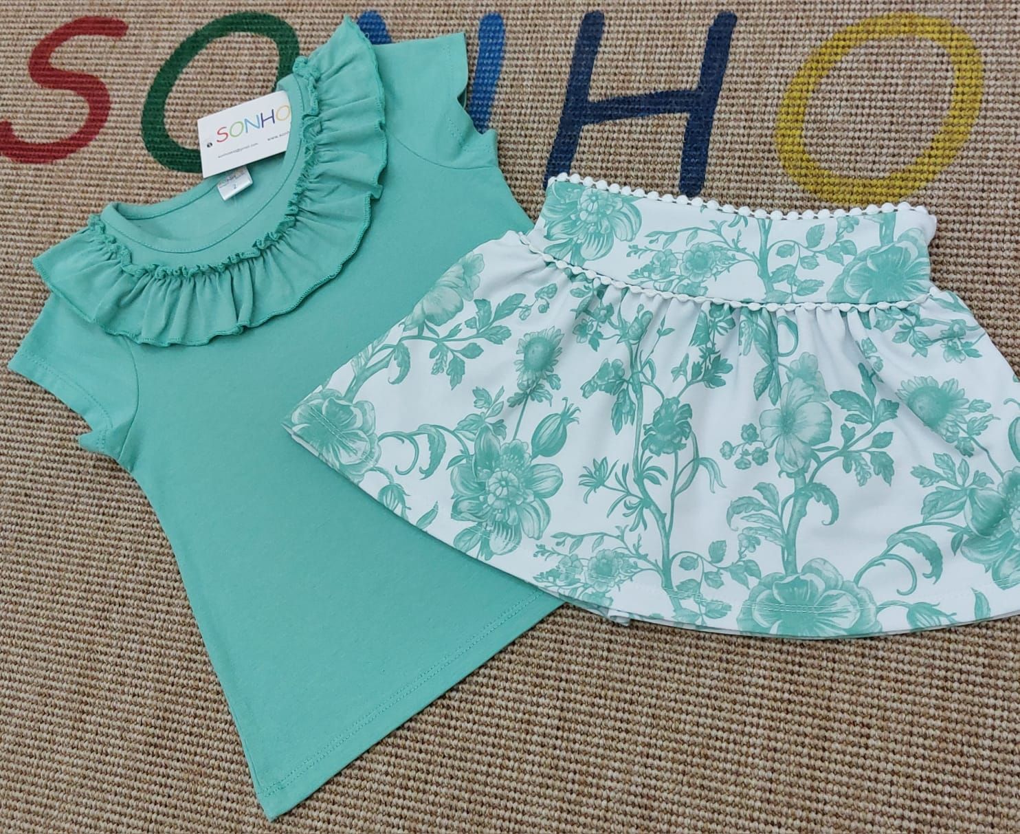 Mint Green Top &amp; Floral Skirt Set for Girls