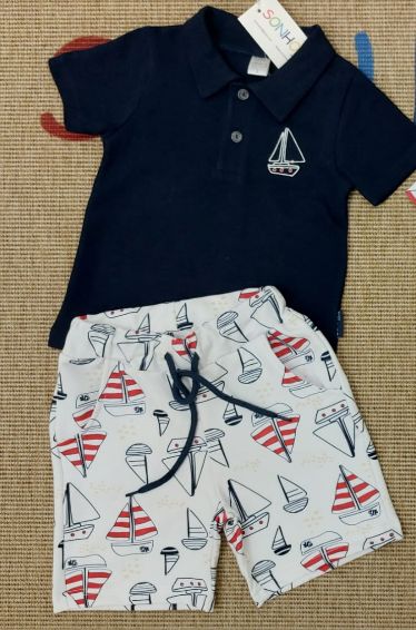 Navy Polo &amp; White Shorts Set for Boys