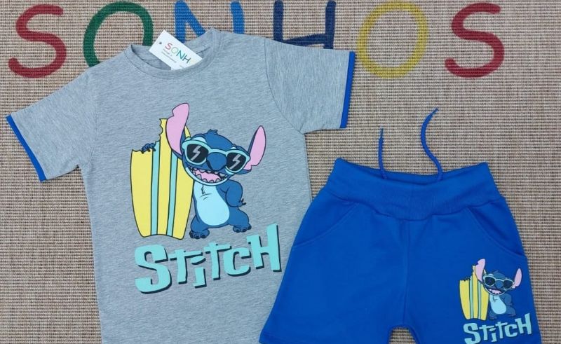 Grey Stitch-Inspired Surf T-Shirt &amp; Blue Shorts Set – Kids Outfit