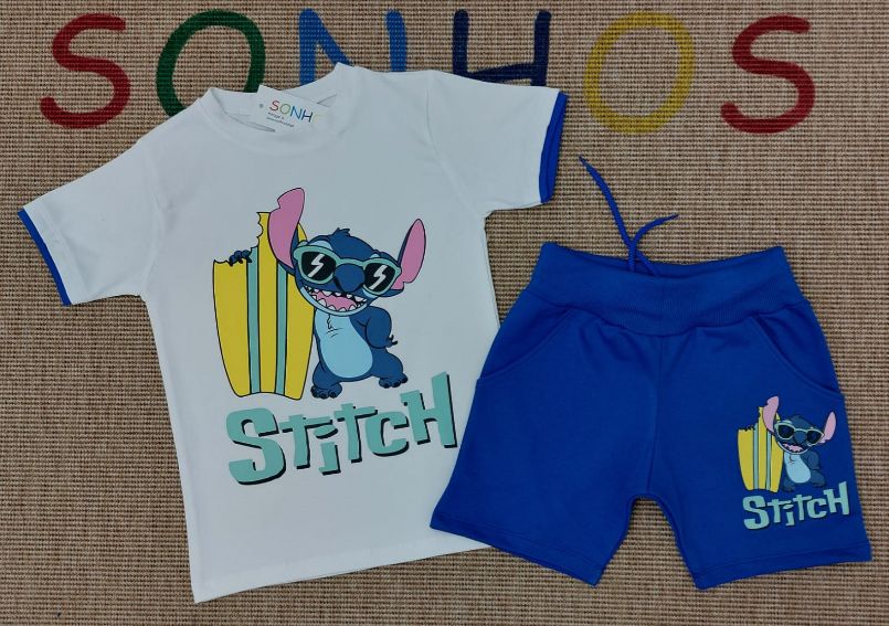 White Stitch-Inspired Surf T-Shirt &amp; Blue Shorts Set – Kids Outfit