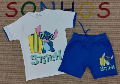 White Stitch-Inspired Surf T-Shirt &amp; Blue Shorts Set – Kids Outfit