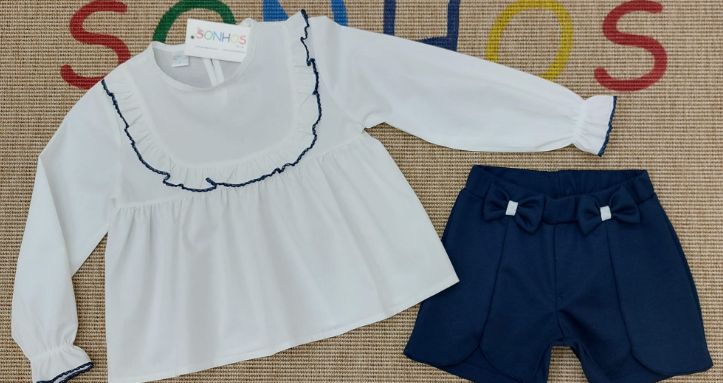 Blue Shorts &amp; White Blouse Set – Girls Outfit