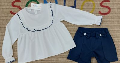 Blue Shorts &amp; White Blouse Set – Girls Outfit