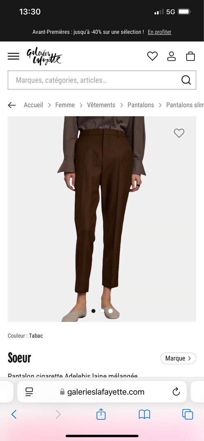 Pantalon cigarette Sœur taille 34 mais ok 36 taille grand . Comme neuf