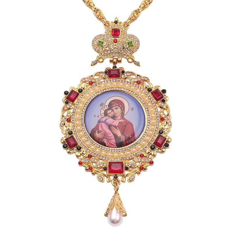 Orthodox Round Pectoral Cross Jesus Mary Religious Byzantine Crucifix Pendant Necklace