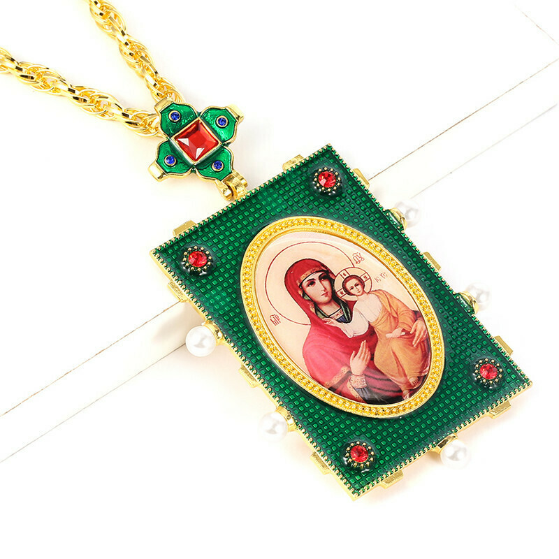 2020 Orthodox Round Pectoral Cross Mary Jesus Religious Byzantine Crucifix Pendant Necklace