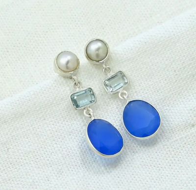 Ohrhänger Blauer Topas, Blaue Jade, Perle Ohrhänger Blauer Topas, Blaue Jade, Perle