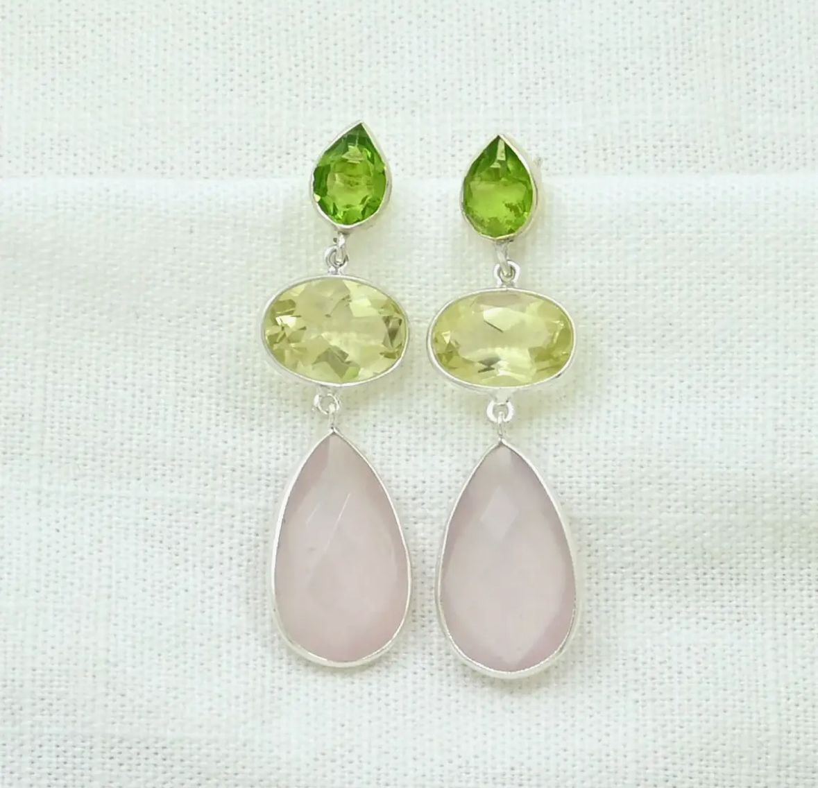 Ohrhänger Ohrring 925er Silber, Peridot, Rosen- und Zitronenquarz