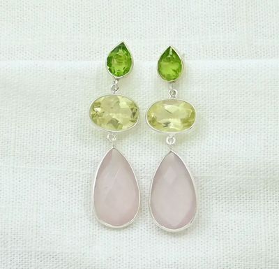 Ohrhänger Ohrring 925er Silber, Peridot, Rosen- und Zitronenquarz Ohrhänger Ohrring 925er Silber, Peridot, Rosen- und Zitronenquarz