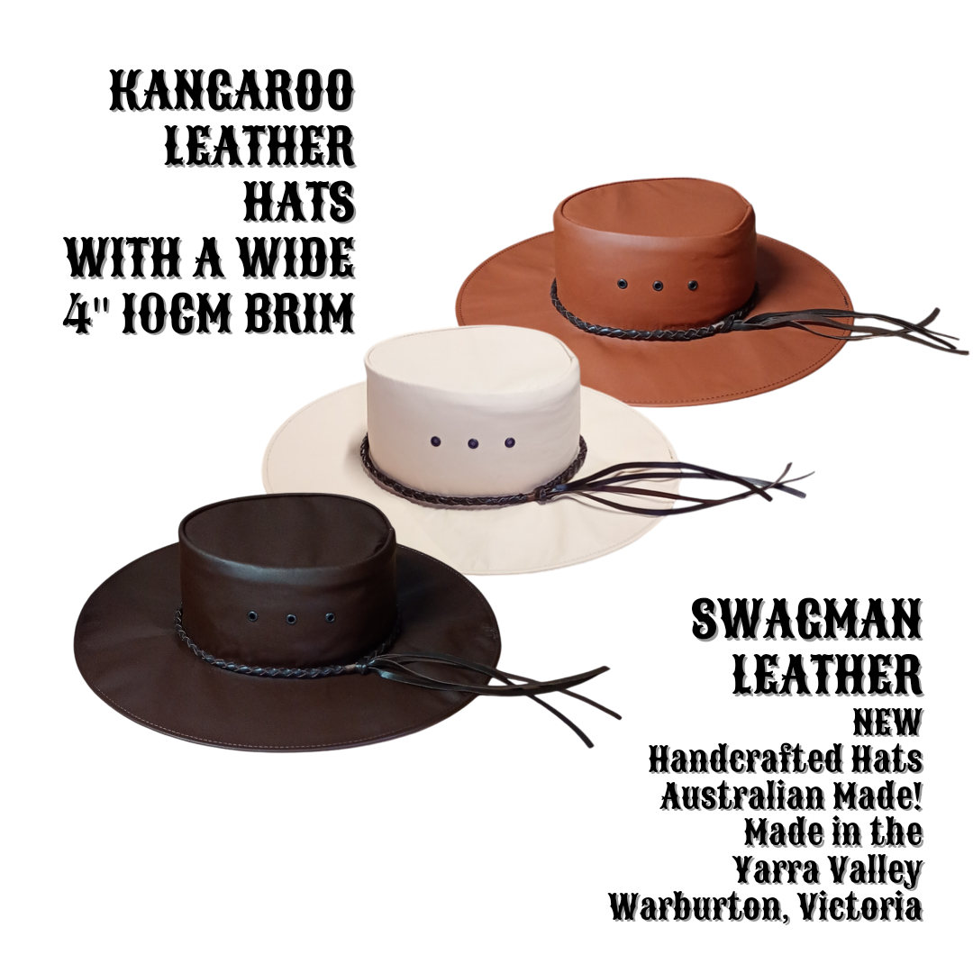Swagman Leather Kangaroo Leather Wide Brim Hat - 4&quot; (10cm) Brim - UPF50+, Australian Made!