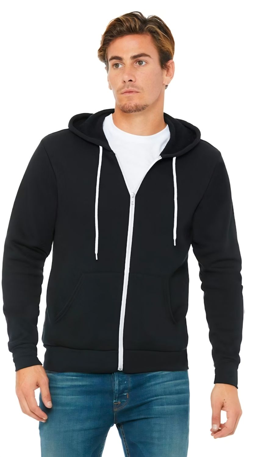Zip hoodie unisex black with white zipper and draw string