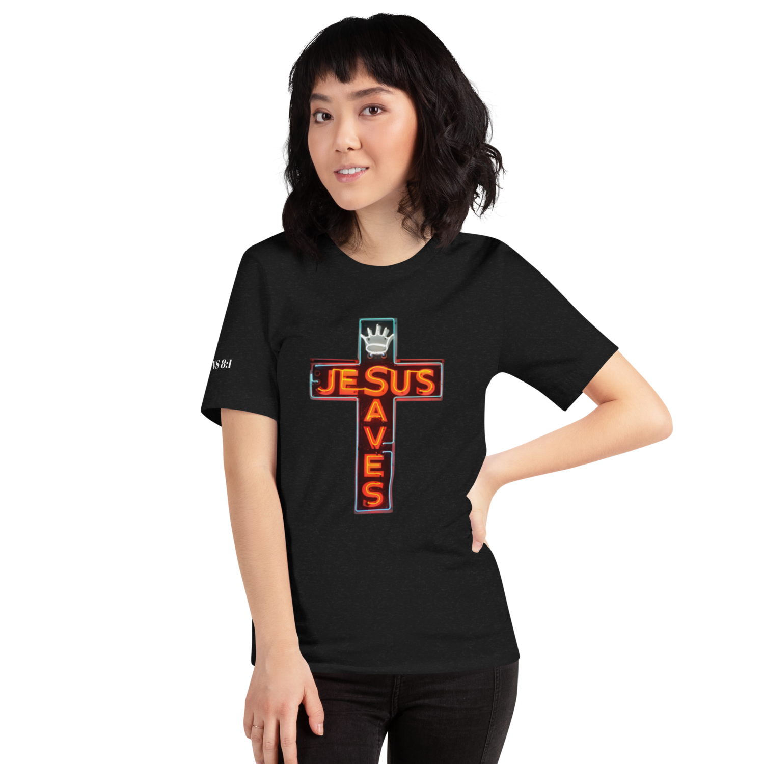 JESUS SAVES, Color: Black Heather, Size: S