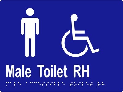 Male Accessible Toilet RH Braille Sign Stainless Steel (Blue/White shown)