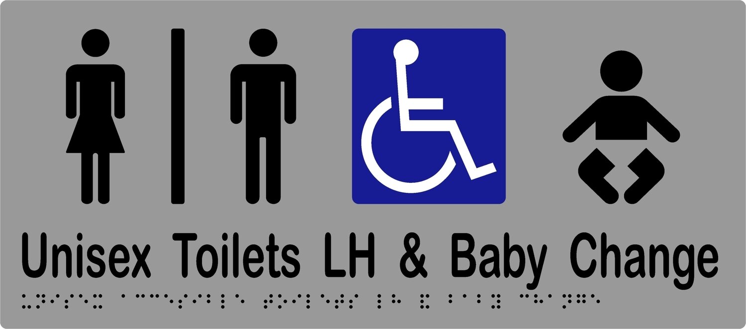 Unisex Accessible Baby Change LH Airlock Braille Sign Silver/Black (Blue/White Shown)