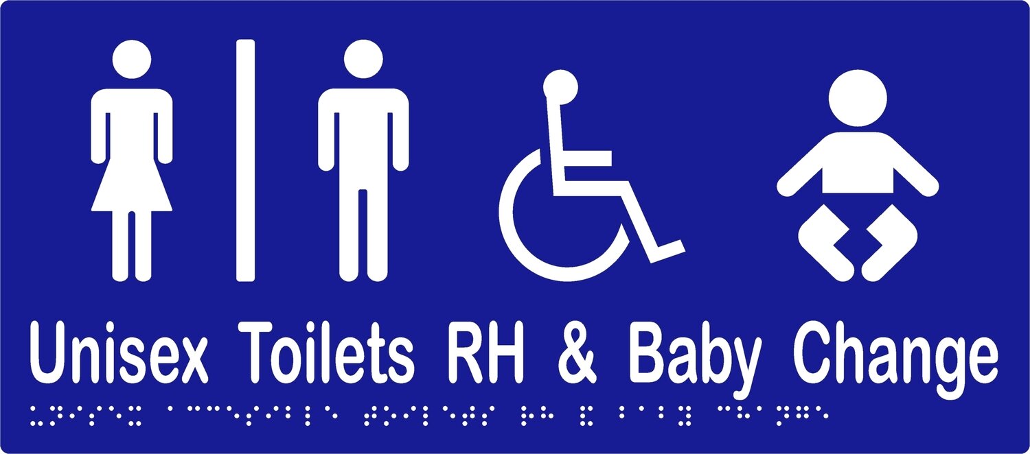 Unisex Accessible Baby Change RH Airlock Braille Sign Silver/Black (Blue/White shown)