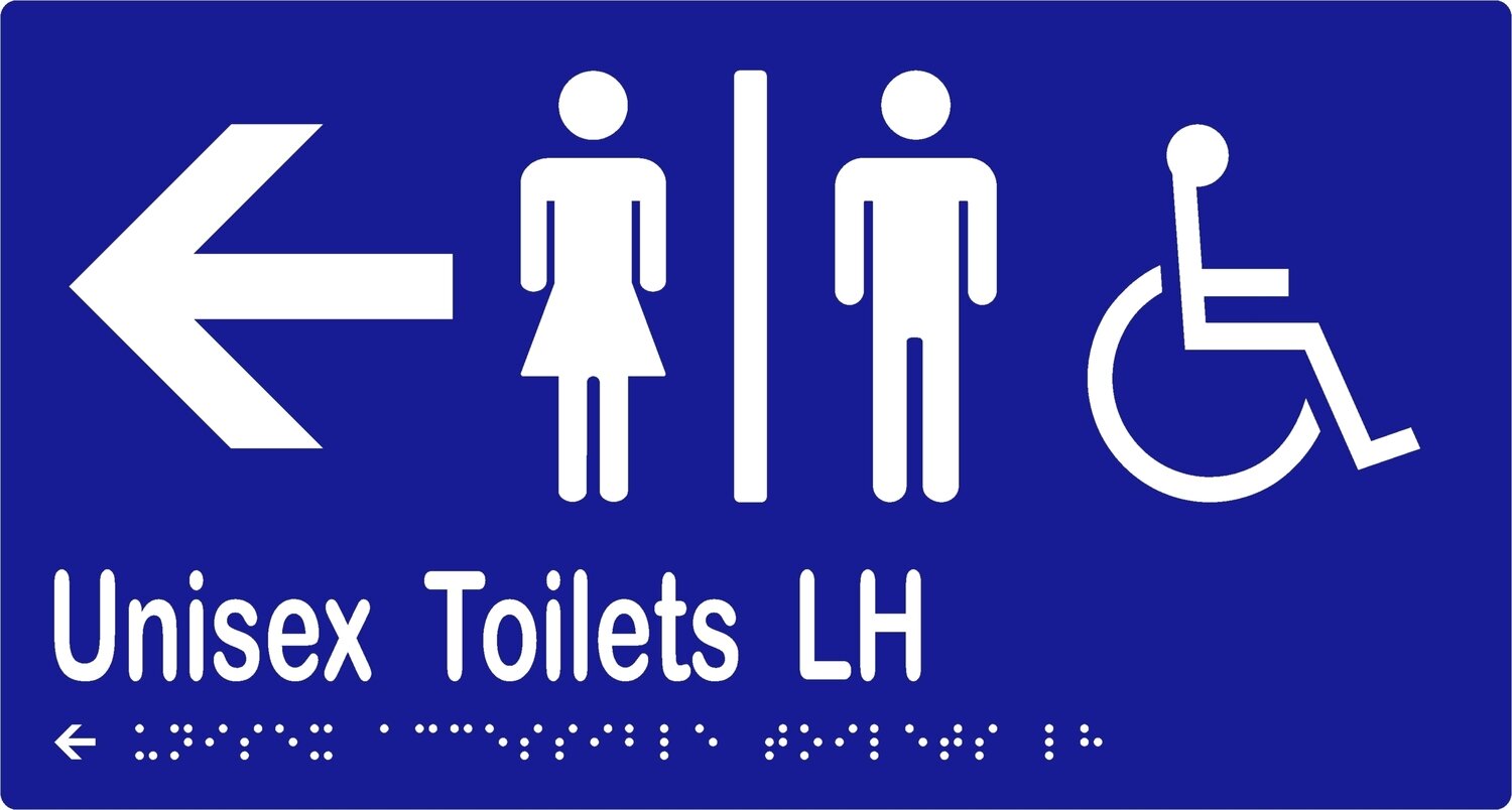 Unisex Accessible Toilets LH Airlock with Arrow Braille Sign Blue/White