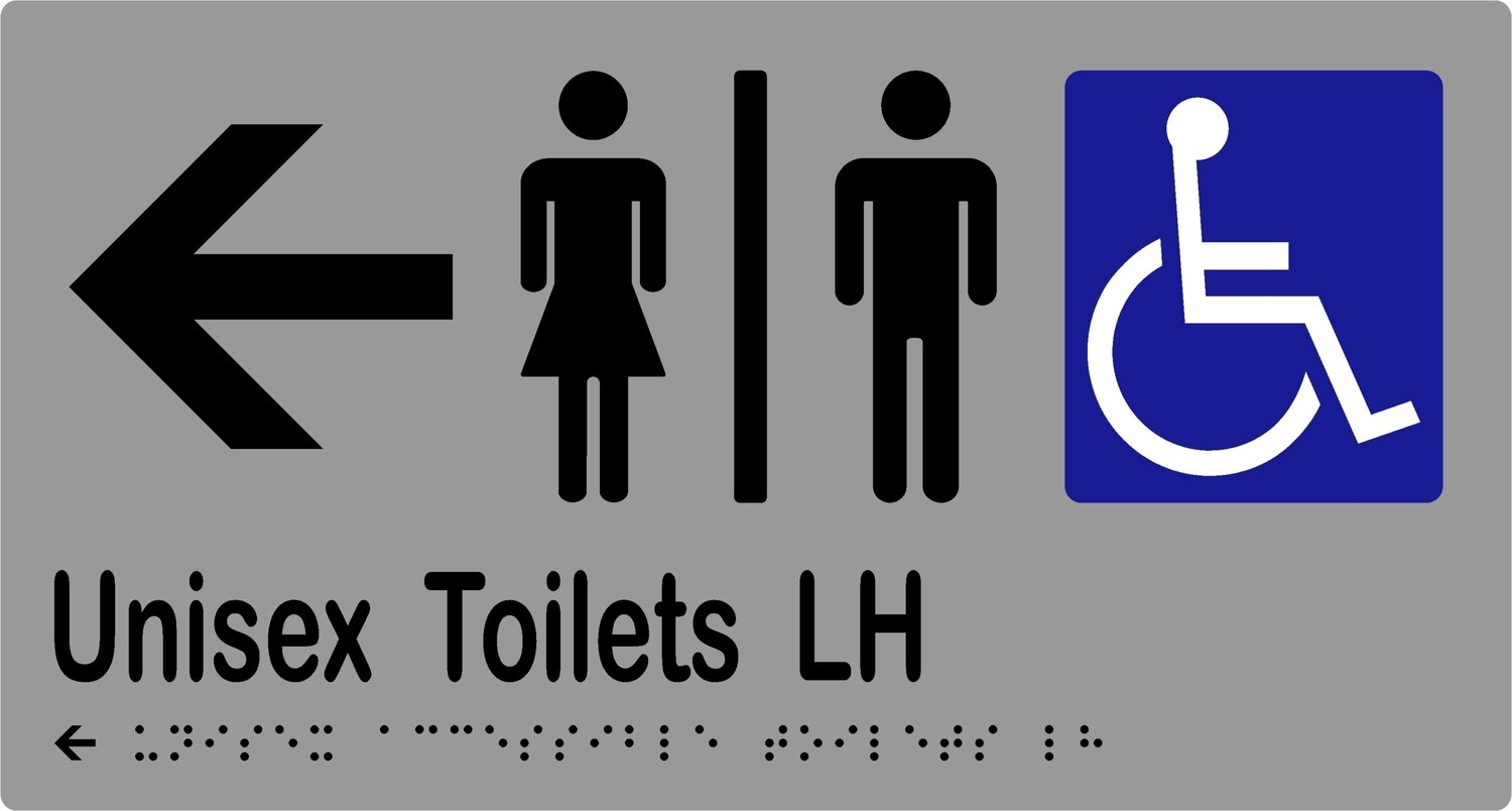 Unisex Accessible Toilets LH Airlock with Arrow Braille Sign Silver/Black