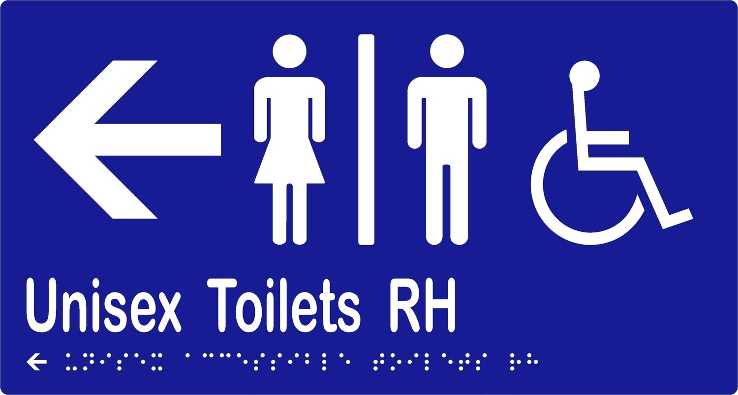 Unisex Accessible Toilets RH Airlock with Arrow Braille Sign Blue/White