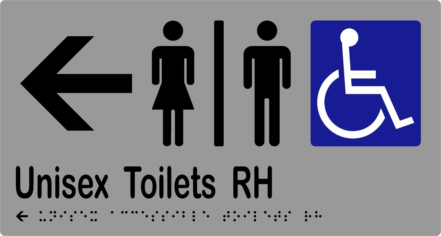 Unisex Accessible Toilets RH Airlock with Arrow Braille Sign Silver/Black