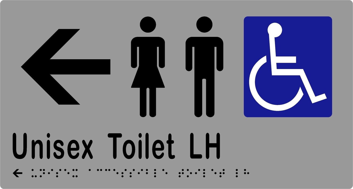 Unisex Accessible Toilets LH No Airlock with Arrow Braille Sign Stainless Steel (Silver/Black Laminated Vinyl Shown)