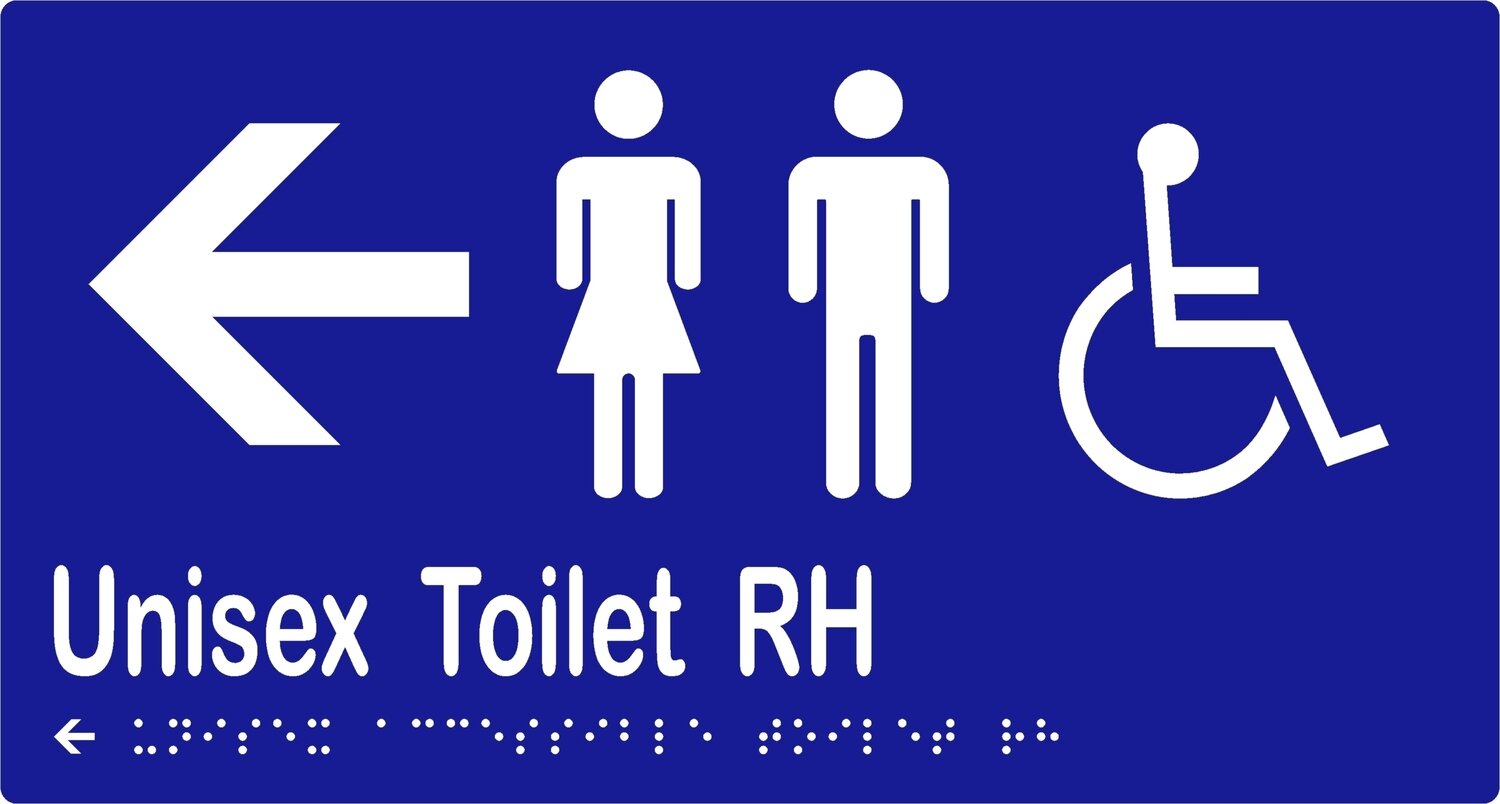 Unisex Accessible Toilets RH No Airlock with Arrow Braille Sign Blue/White