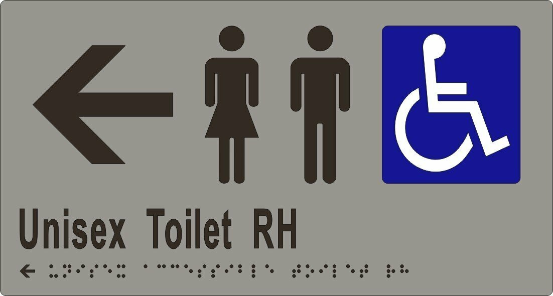 Unisex Accessible Toilets RH No Airlock with Arrow Braille Sign Silver/Black