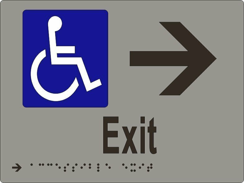 Accessible Exit with Arrow Braille Sign Blue/White (Silver/Black Shown)