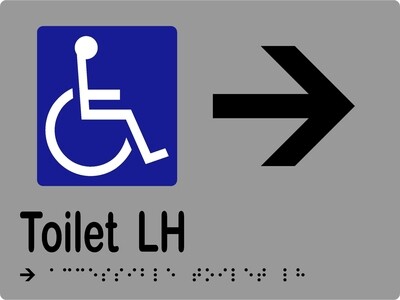 Accessible Toilet LH with Arrow Braille Sign Silver/Black