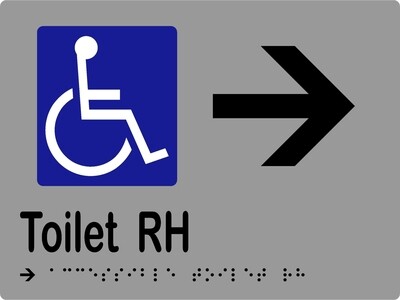 Accessible Toilet RH with Arrow Braille Sign Silver/Black