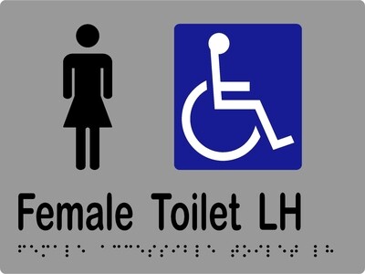 Female Accessible Toilet LH Braille Sign Silver/Black