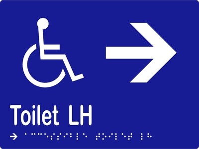 Accessible Toilet LH with Arrow Braille Sign Blue/White