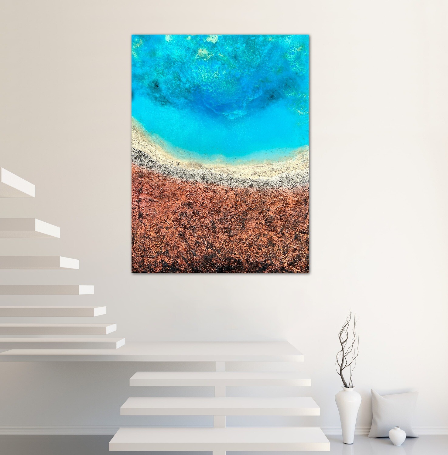 "Aerial Australia - Shark Bay" #1 Aerial ocean painting inspired by satellite and drone imagery of the Bahamas #oceanpainting #aerialocean #coastlinepainting #oceanwavespainting #seascapepainting #Bahamaspainting #oceanpaintingMiami #oceanpaintingforsale #Miamiartist #AnaHefcoArt #roundoceanpainting #roundseasccape #aerialAustralia #Australiapainting #coralreef