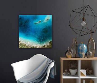 Aerial ocean painting inspired by satellite and drone imagery of the Bahamas #oceanpainting #aerialocean #coastlinepainting #oceanwavespainting #seascapepainting #Bahamaspainting #diptychpainting #oceanpaintingMiami