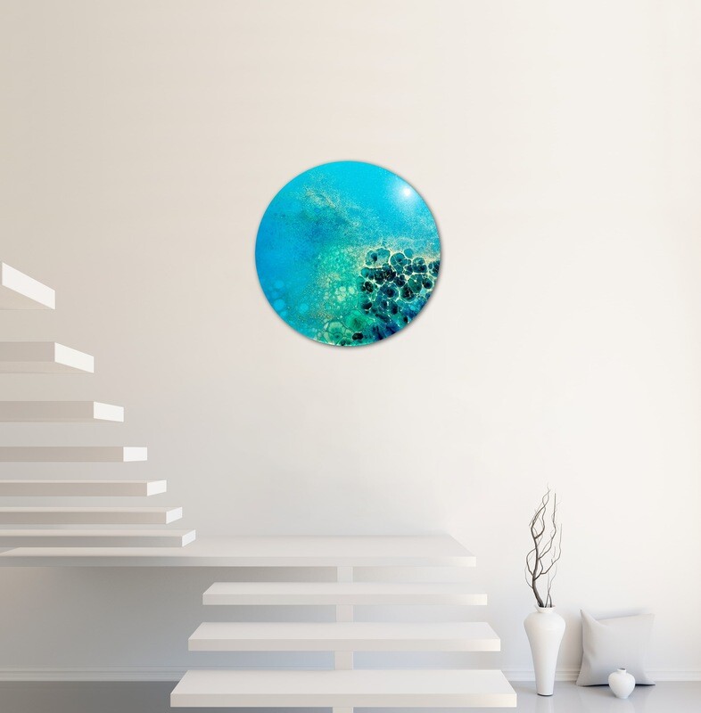 Aerial ocean painting inspired by satellite and drone imagery of the Bahamas #oceanpainting #aerialocean #coastlinepainting #oceanwavespainting #seascapepainting #Bahamaspainting #diptychpainting #oceanpaintingMiami #oceanpaintingforsale #Miamiartist #AnaHefcoArt #roundoceanpainting #roundseasccape