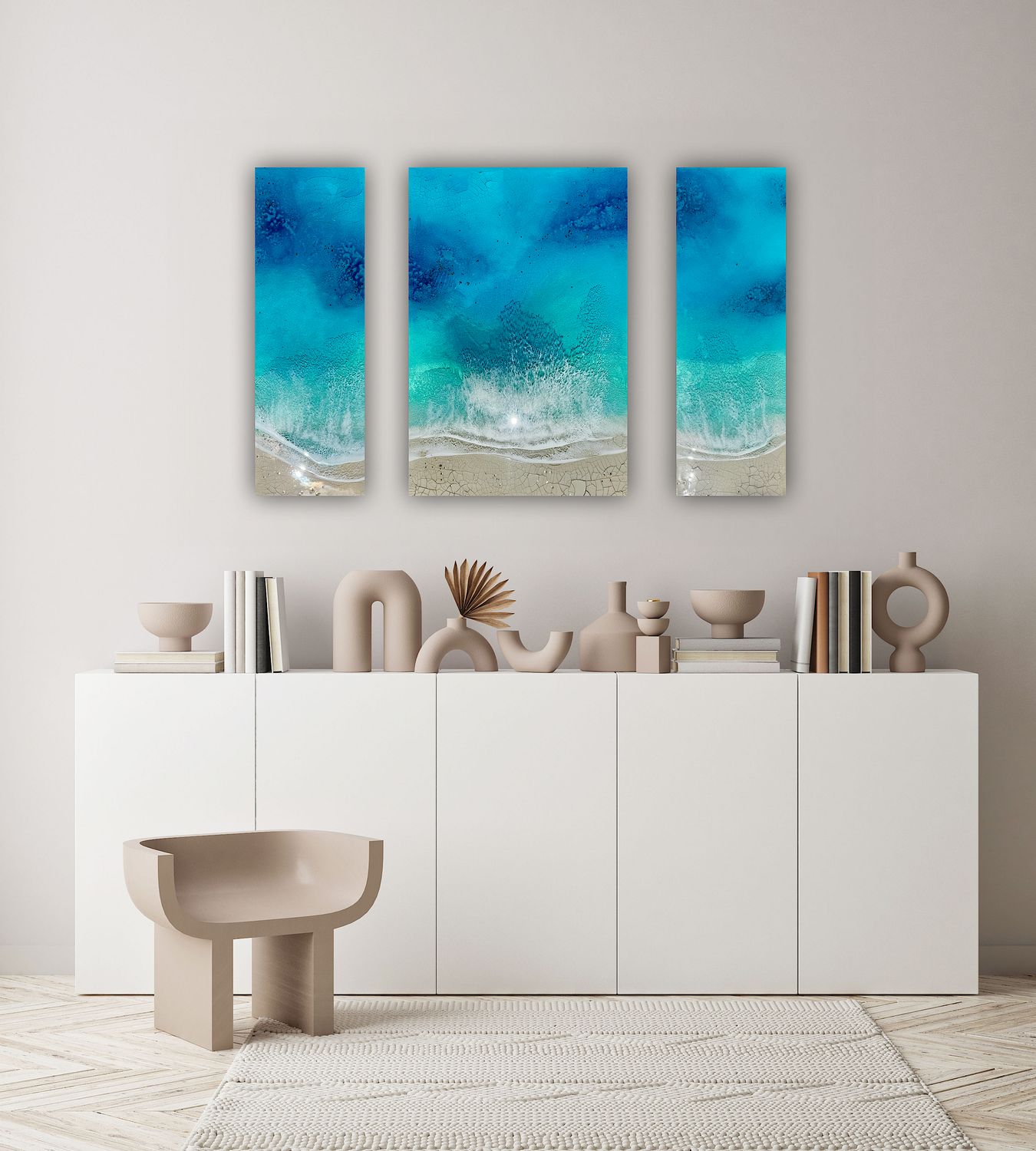Breaking-aerial-ocean-waves-painting-Miami-artist-ana-hefco-white-sand-beach-painting-ocean-triptych