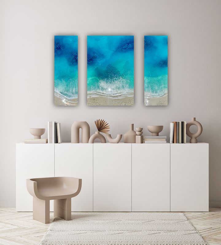 Breaking-aerial-ocean-waves-painting-Miami-artist-ana-hefco-white-sand-beach-painting-ocean-triptych
