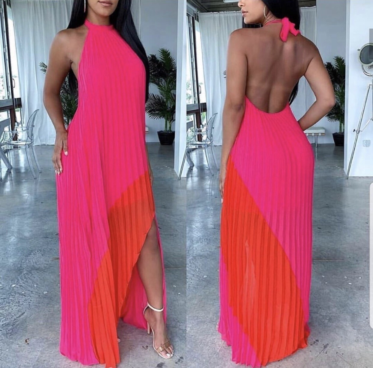 Hight Neck Maxi Dress Pink 