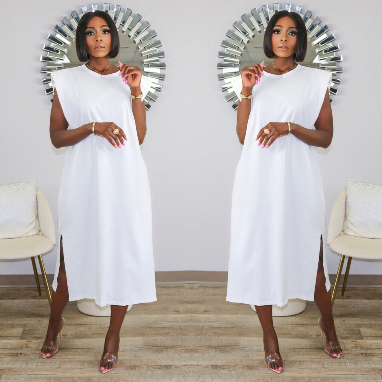 Shoulder Pad Dress White