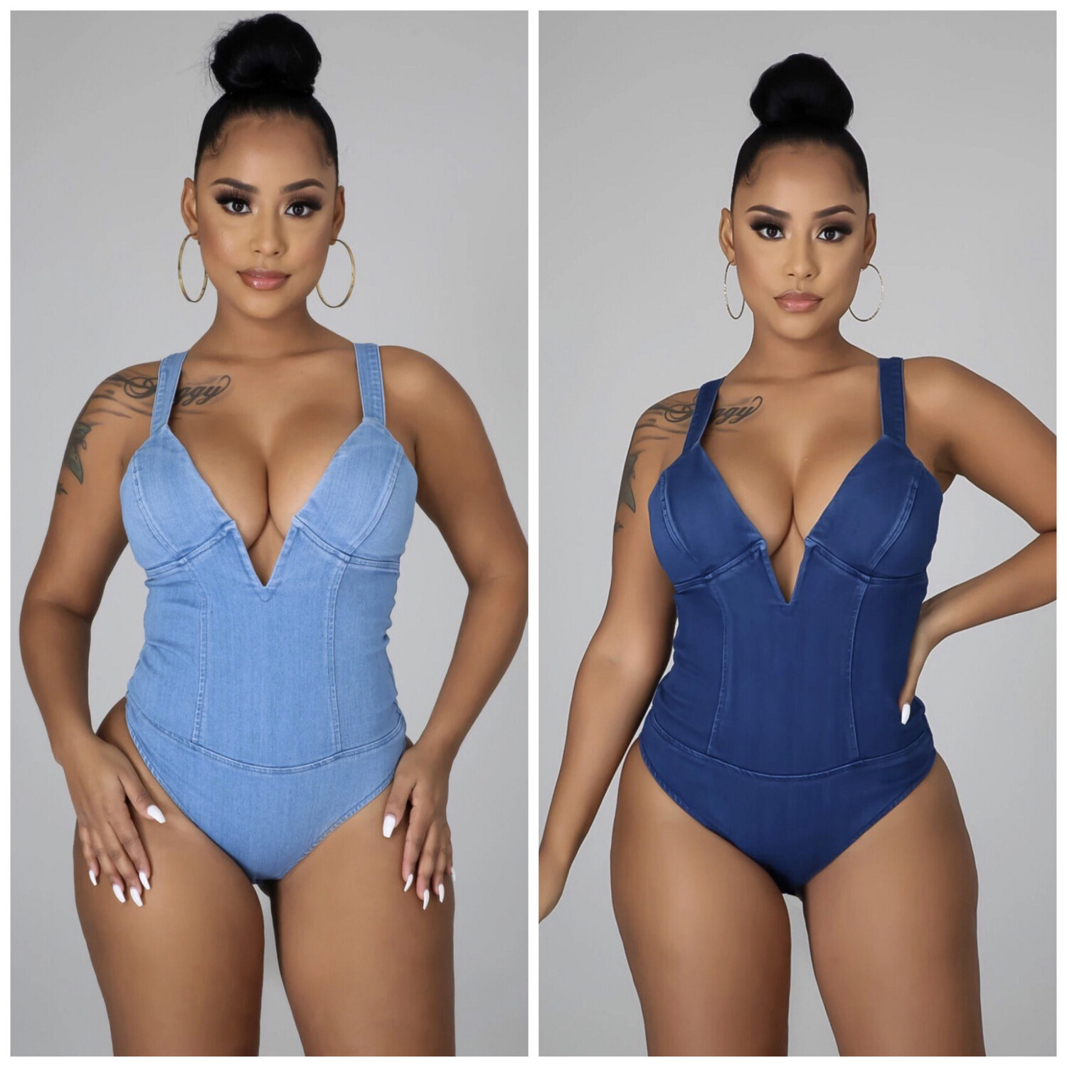 V Neck Denim Bodysuit