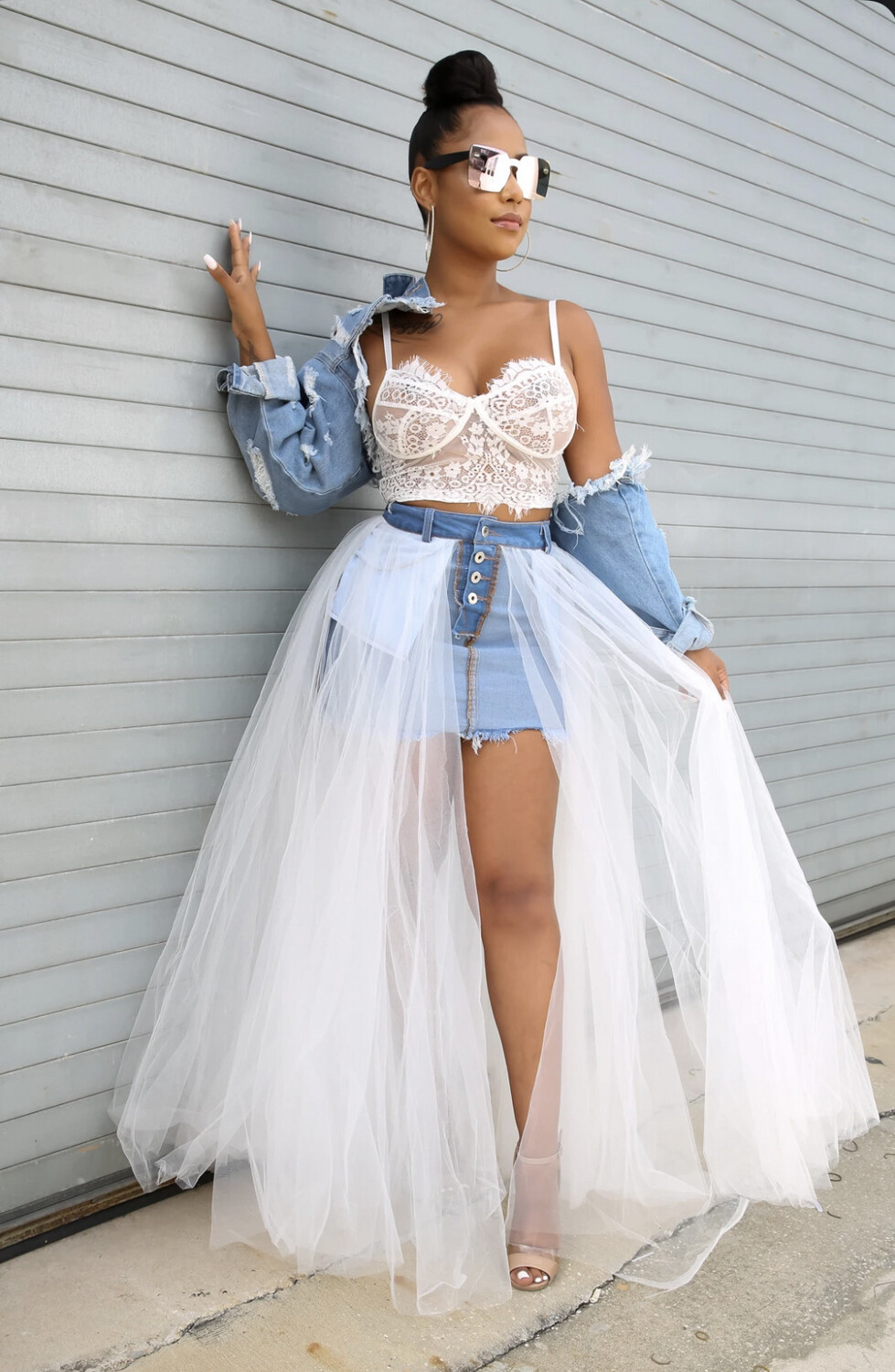 Tulle Maxi Denim Skirt 