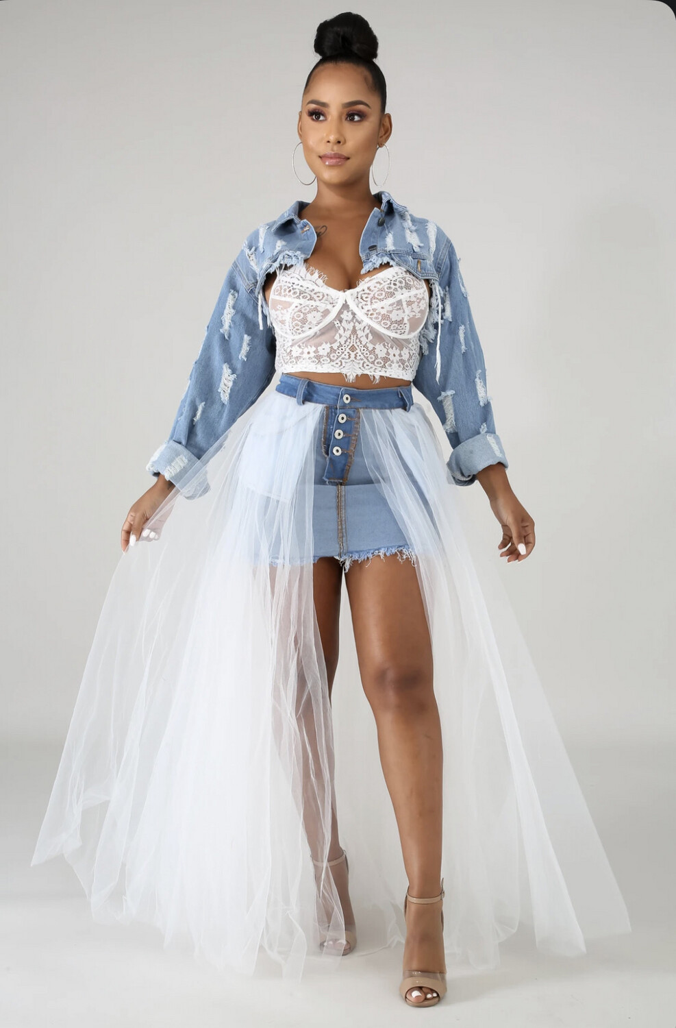 Tulle Maxi Denim Skirt 